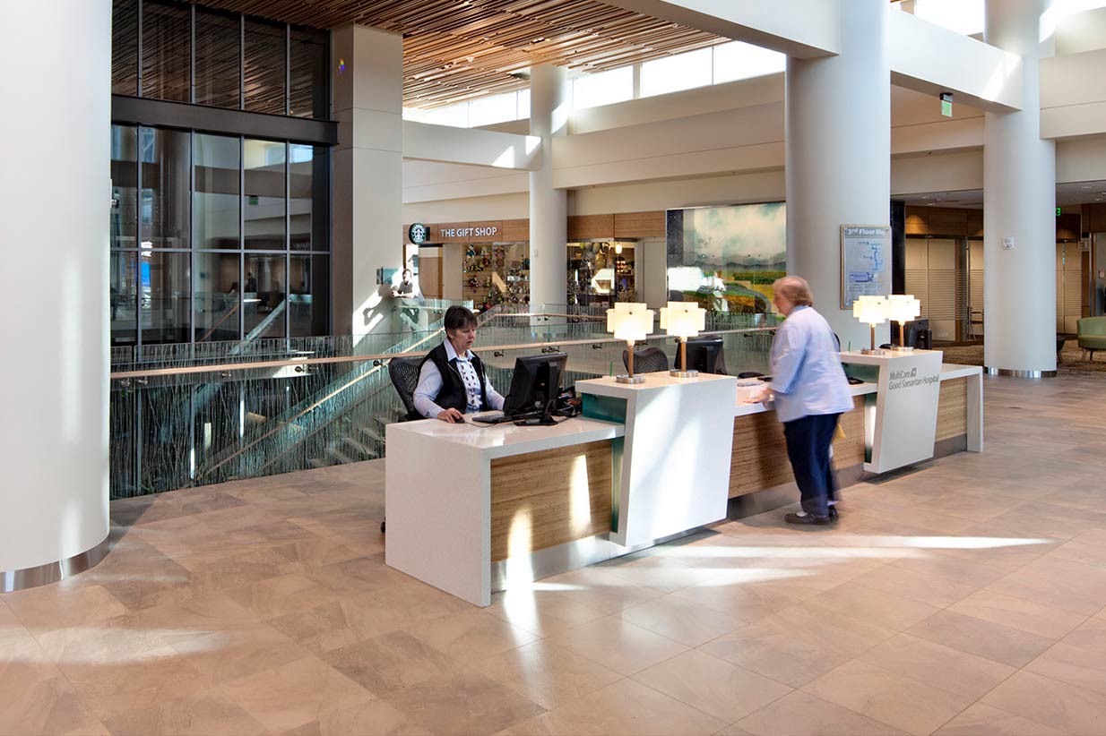 Double-height lobby with reception desk