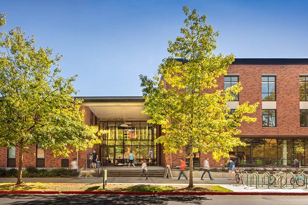 Exterior looking at main entrance and sidewalk