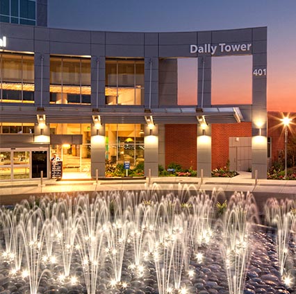 Fountain with hospital in background