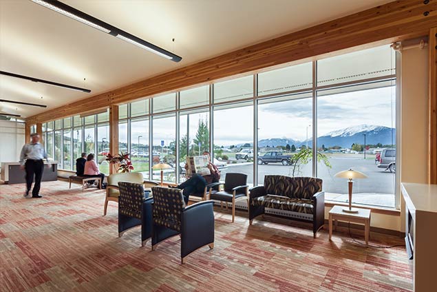 Lobby interior looking out at parking lot