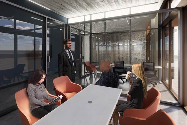 Computer rendering of four people in a conference room