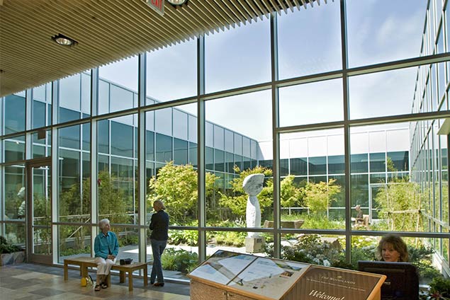 Interior lobby looking outside into courtyard