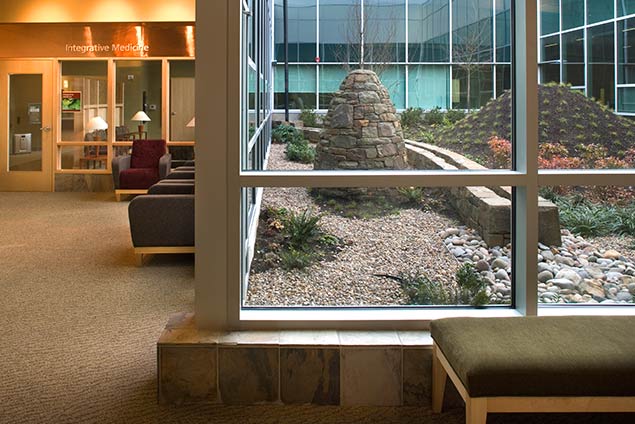 Interior lobby looking outside into atrium