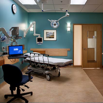 Hospital bed inside patient room