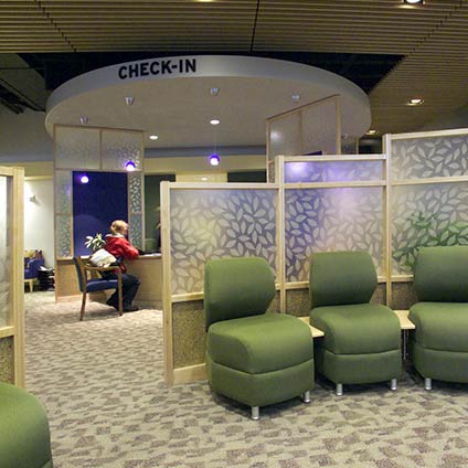 Lobby seating looking at check-in counter