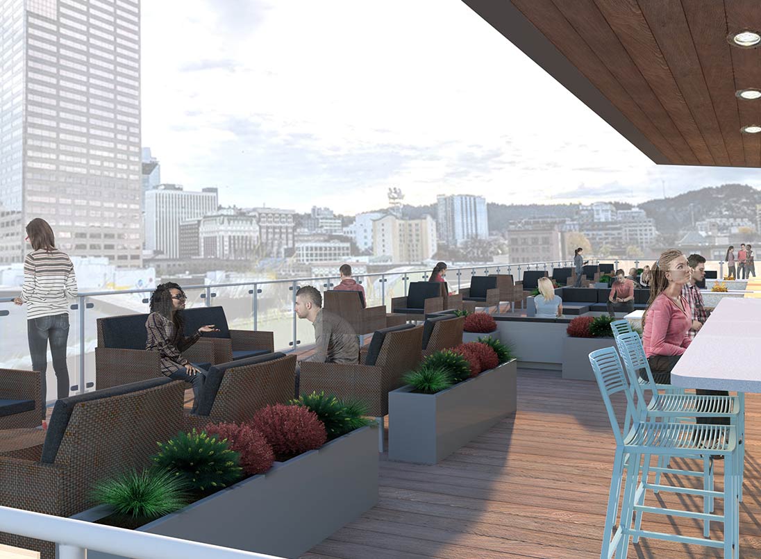 Computer rendering of rooftop balcony with patrons